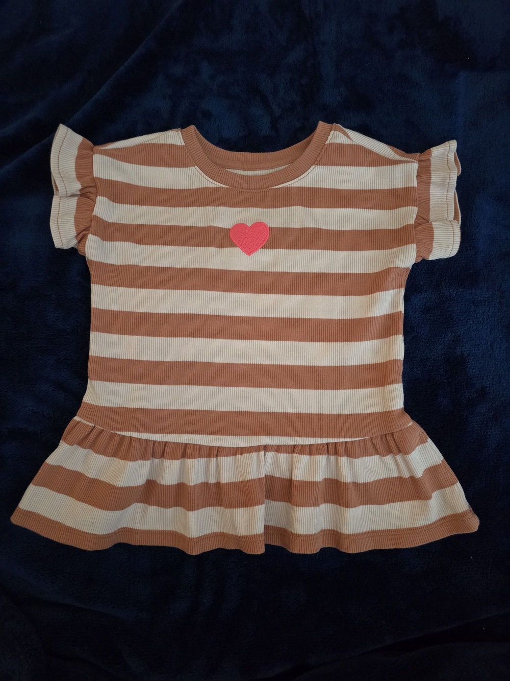 Cat & Jack Brown & Cream Striped Ruffle-Hem Tee with Pink Heart
